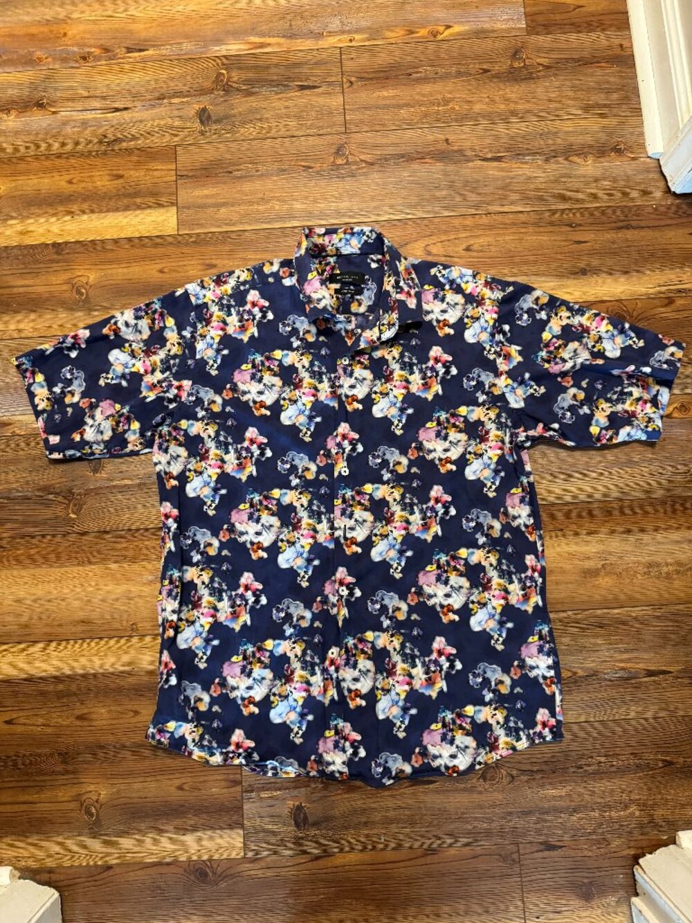 Bugatchi Classic Fit Comfort Stretch Short Sleeve Floral Shirt Size Large Navy